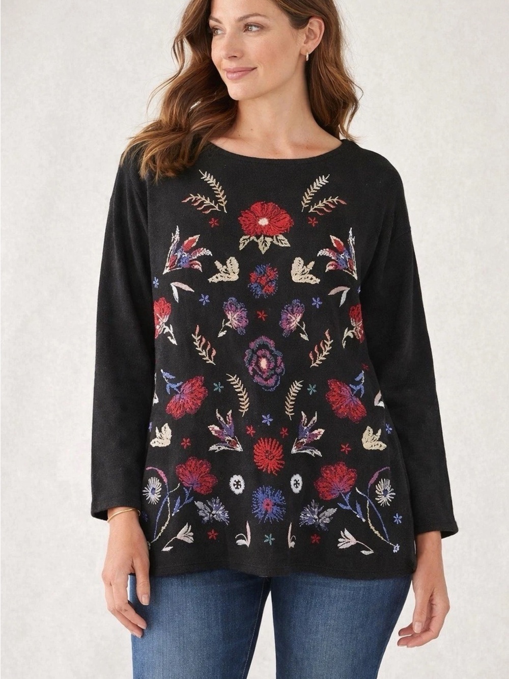 J. Jill Embroidered Floral Wool Blend Sweater Top Large Black Artsy Boho Folk